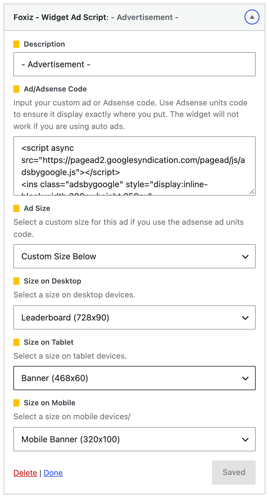 Foxiz - Widget Ad Script expanded, showing Description, Ad/Adsense Code, Ad Size on Custom Size Below and the three device size dropdowns