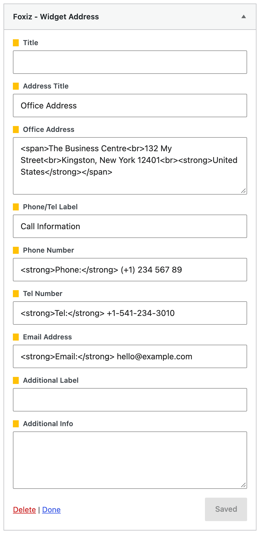 The nine fields of the Foxiz - Widget Address widget in a custom sidebar