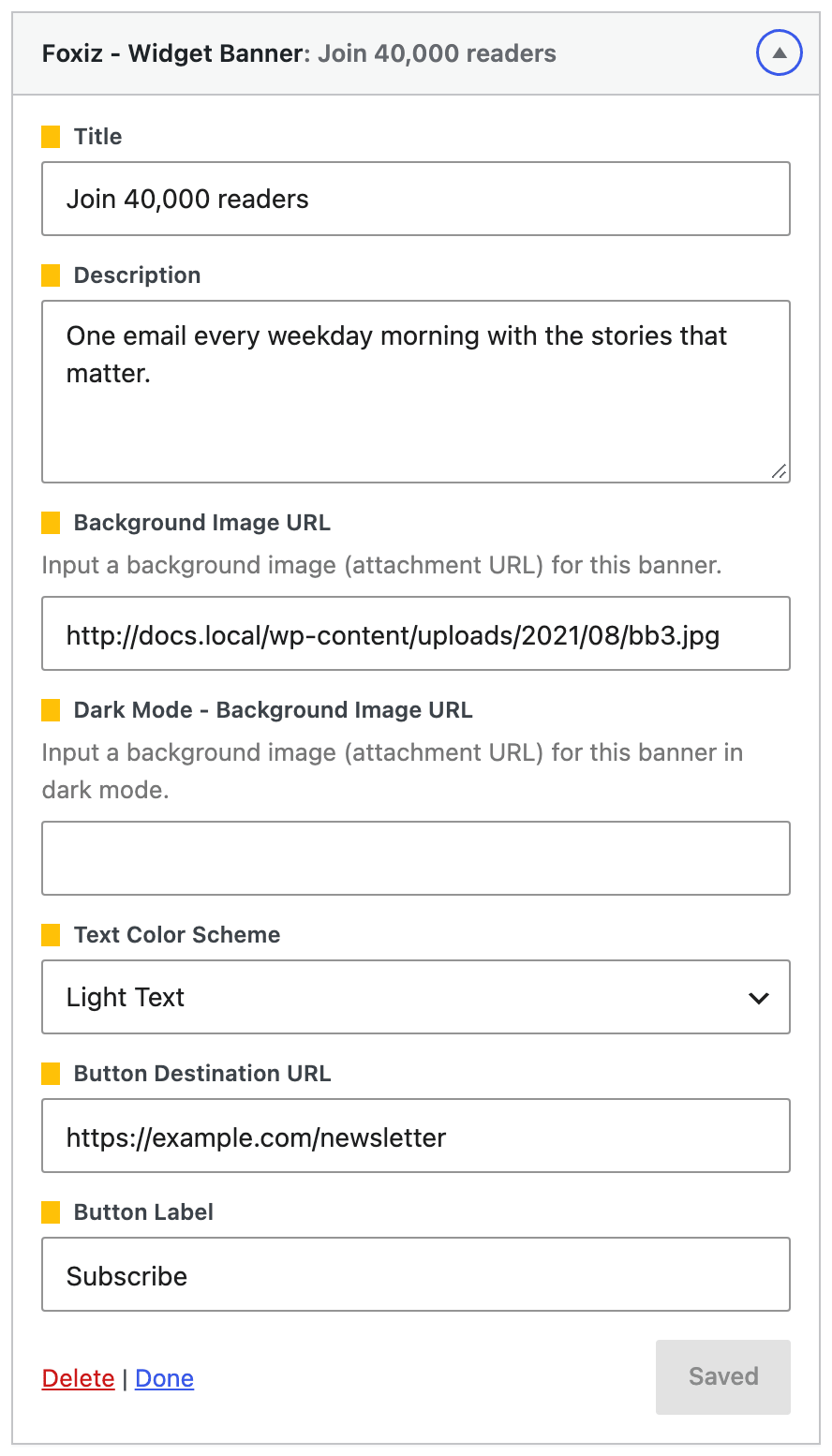 Foxiz - Widget Banner expanded, showing Title, Description, the two background image URL boxes, Text Color Scheme, Button Destination URL and Button Label