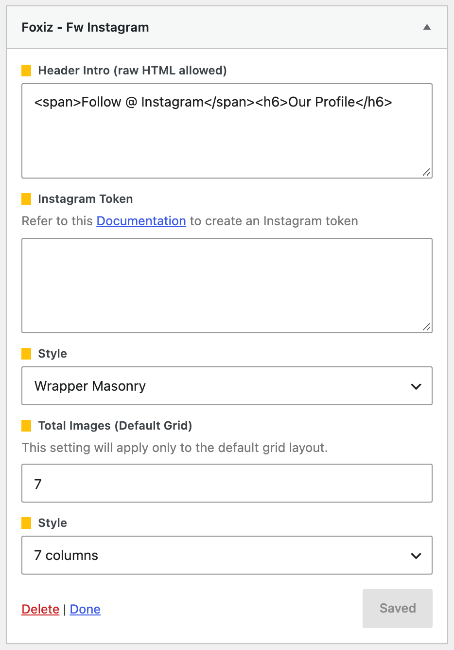 The Foxiz - Fw Instagram widget opened, with the Instagram Token field empty