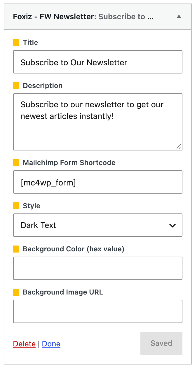 The Foxiz - FW Newsletter widget expanded, showing its six fields: Title, Description, Mailchimp Form Shortcode, Style, Background Color (hex value) and Background Image URL