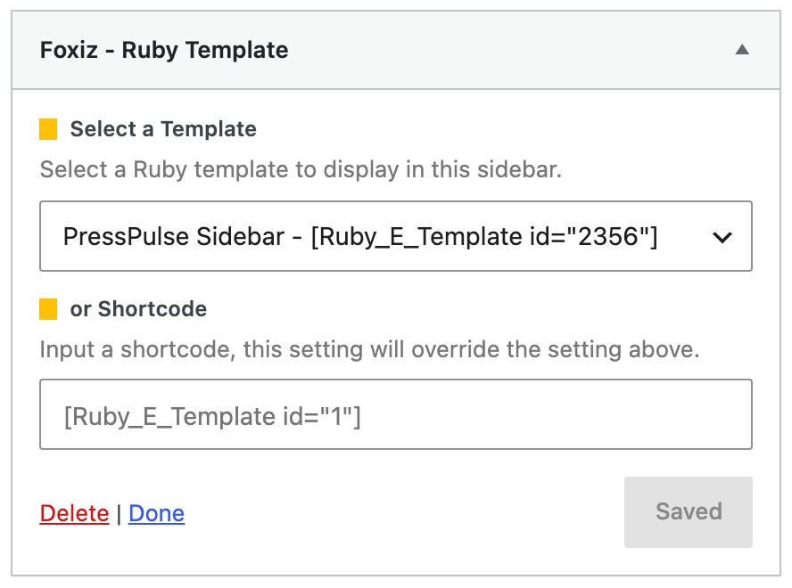 The Foxiz - Ruby Template widget, with Select a Template above or Shortcode