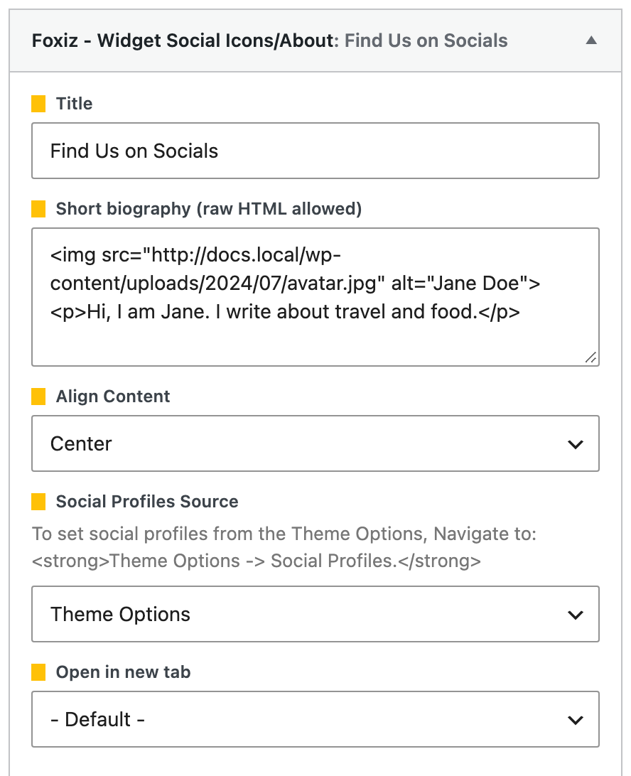 The Foxiz - Widget Social Icons/About widget with an image and a short paragraph in Short biography and Align Content set to Center.