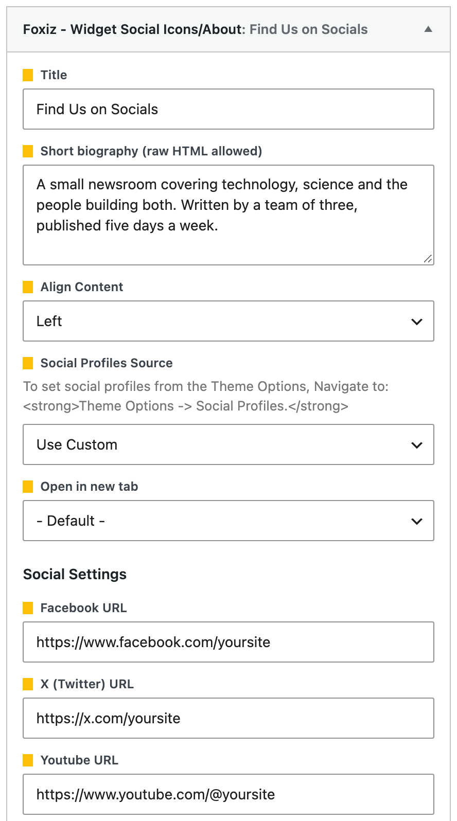 The Social Icons/About widget with Social Profiles Source on Use Custom and the per network URL fields below