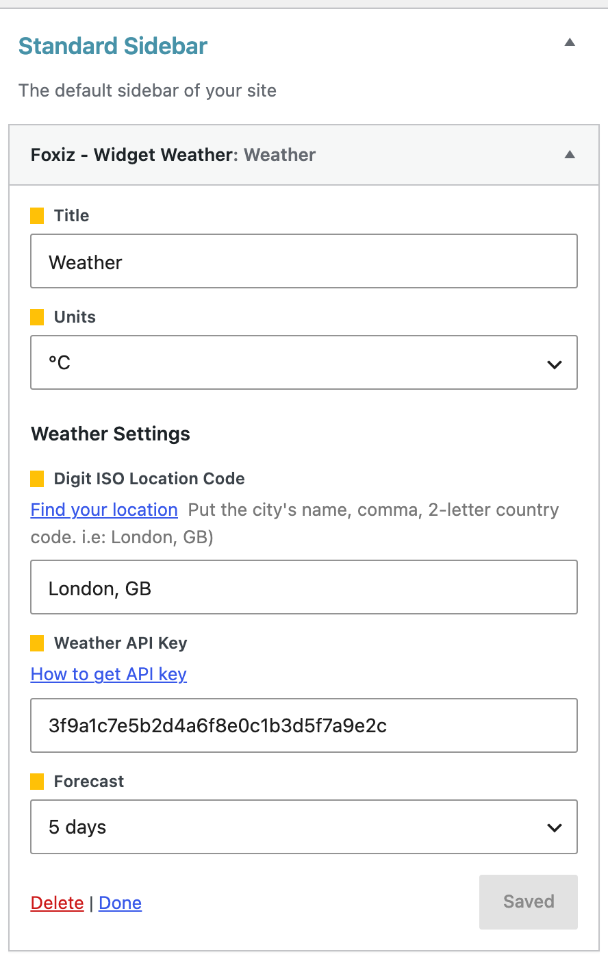 The Foxiz - Widget Weather settings filled in: Title, Units on °C, London, GB as the location, an API key and Forecast on 5 days.