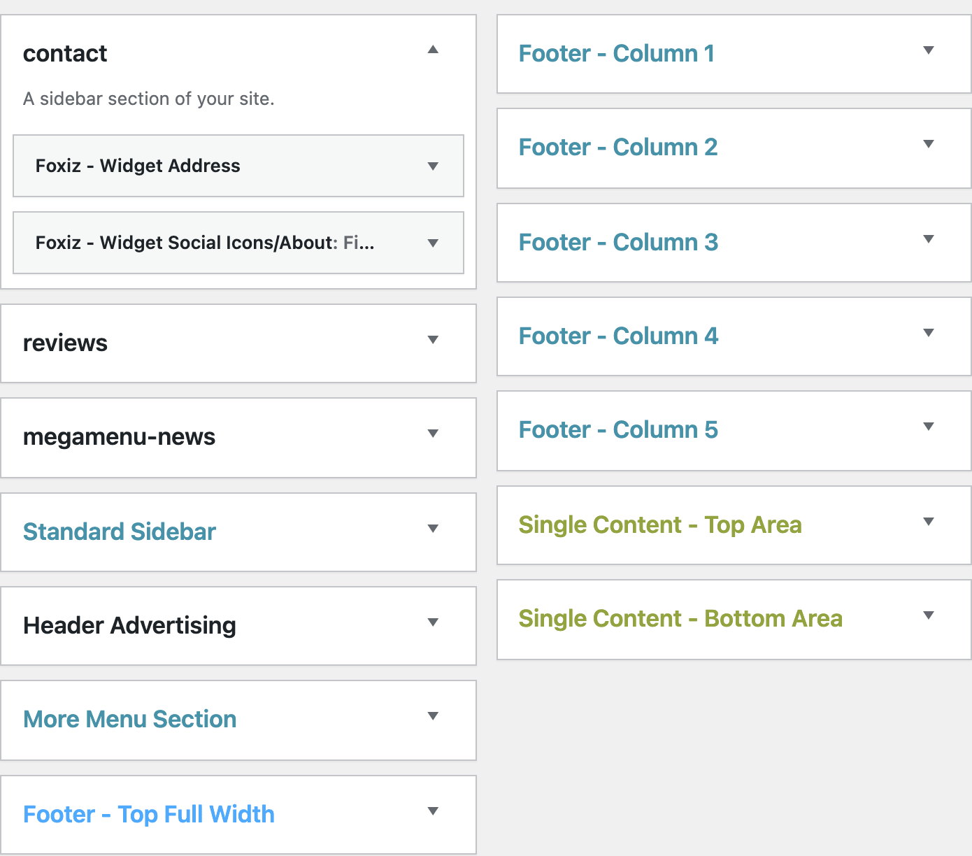 The widget areas on Appearance > Widgets: three custom sidebars, Standard Sidebar, Header Advertising, More Menu Section, the five footer columns and the single content areas