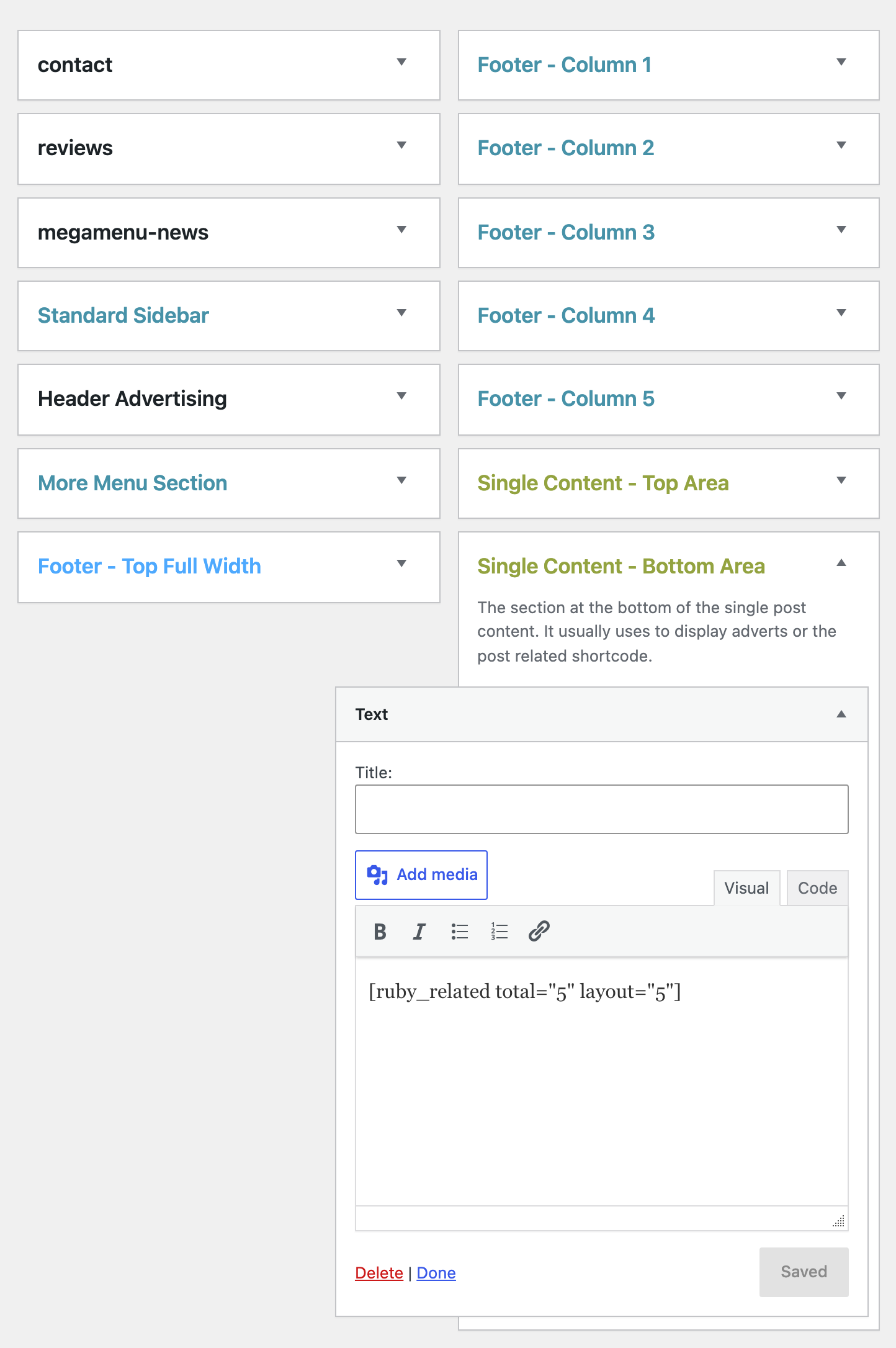A Text widget open in Single Content - Bottom Area on Appearance > Widgets, its text box holding the ruby_related shortcode