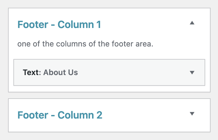 Footer - Column 1 opened on Appearance > Widgets, holding one Text widget titled About Us, with Footer - Column 2 closed below it
