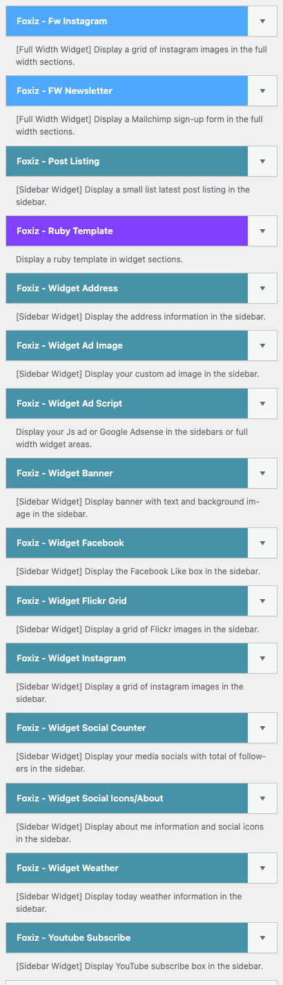 The Foxiz widgets in the available widget list on Appearance > Widgets