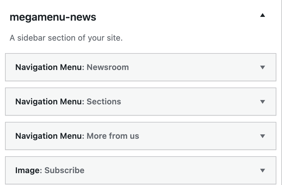 The megamenu-news widget area on Appearance > Widgets, holding three Navigation Menu widgets and an Image widget, one per column