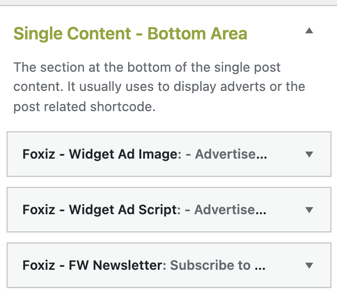 The Single Content - Bottom Area widget area opened on the Widgets screen, with Foxiz - FW Newsletter sitting below the two advert widgets already in it