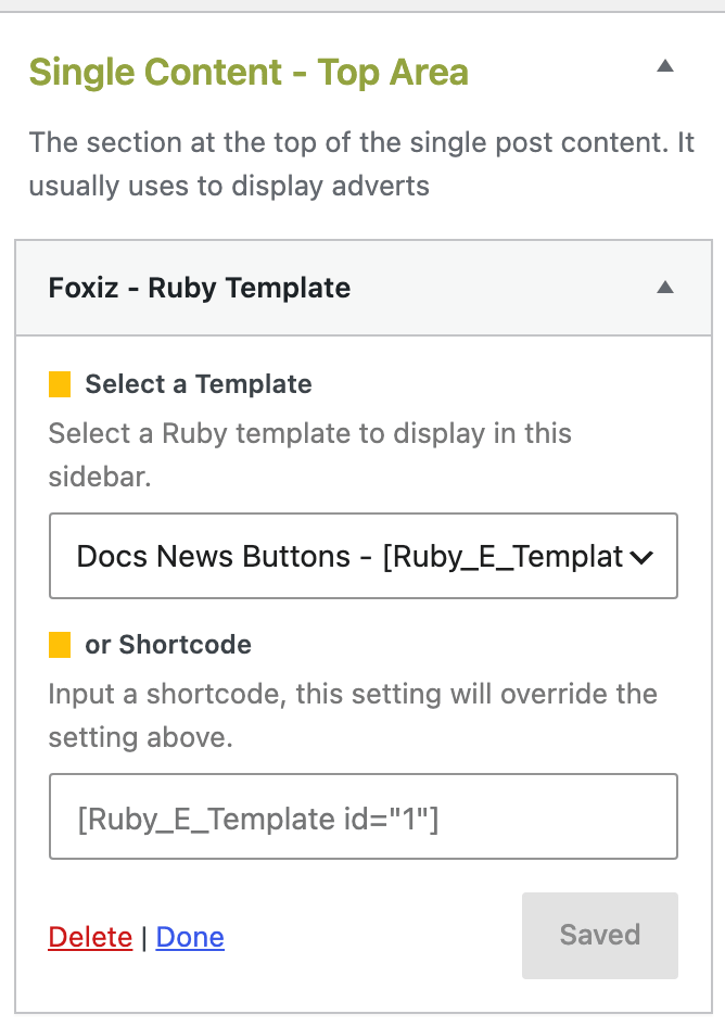 The Single Content - Top Area widget zone holding a Foxiz - Ruby Template widget with Docs News Buttons picked in Select a Template