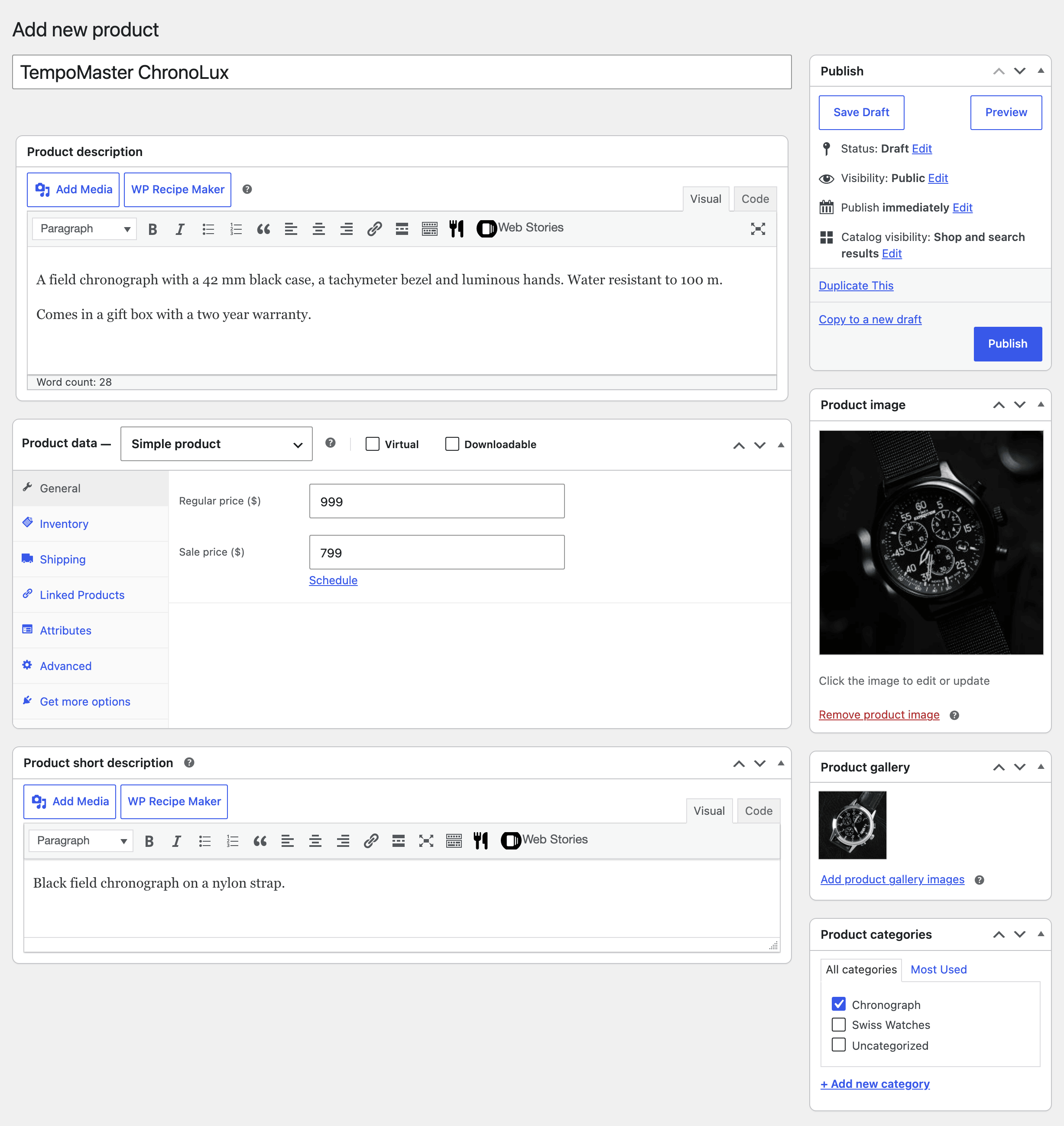 Products > Add new product filled in: the name TempoMaster ChronoLux, a description, the Product data box on Simple product with Regular price 999 and Sale price 799, Product short description below, and on the right Publish, Product image, Product gallery and Product categories with Chronograph ticked