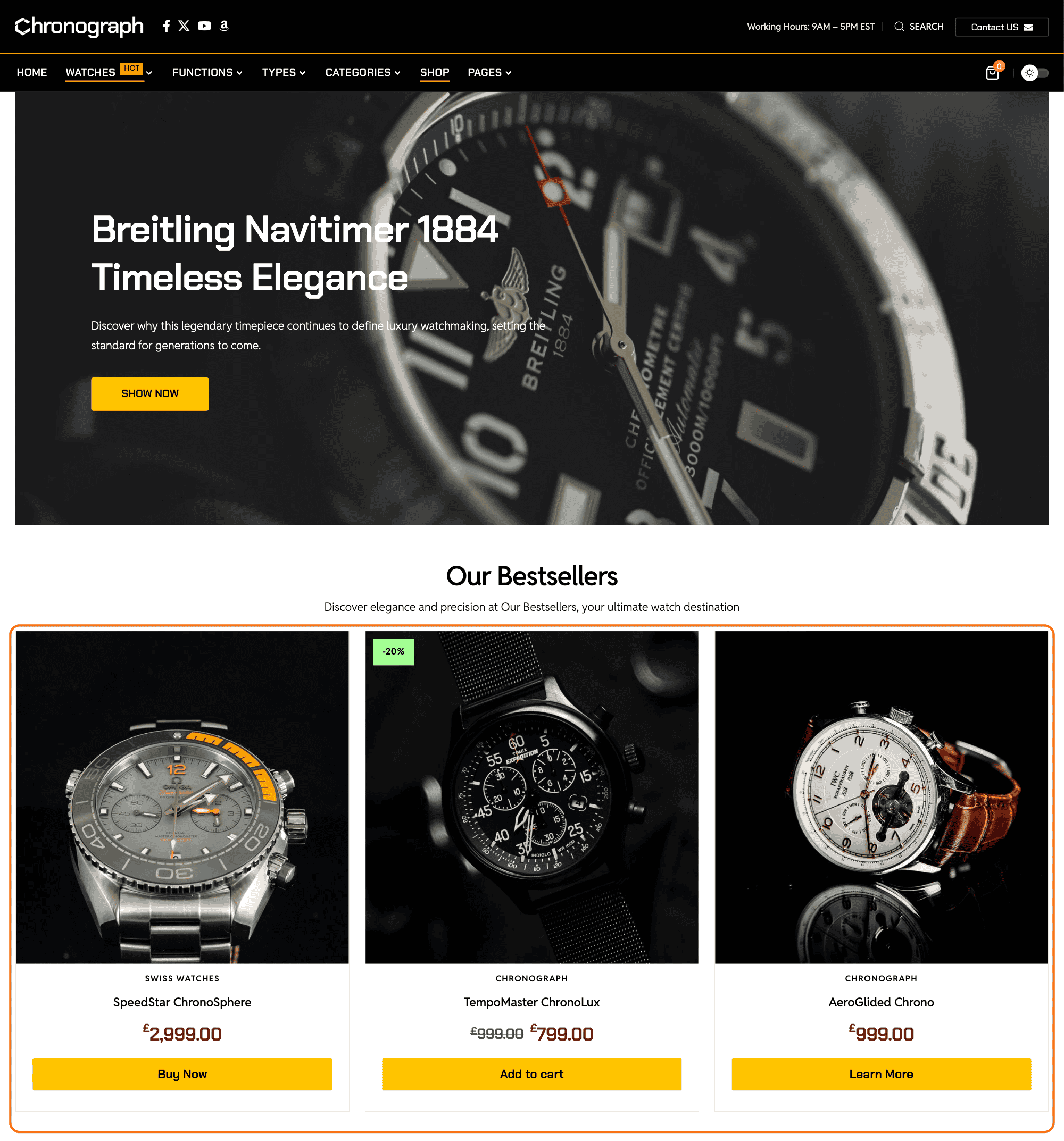 The top of the Chronograph demo's shop page: the site header, a large banner for the Breitling Navitimer 1884 with a SHOW NOW button, then the Our Bestsellers heading over three watches with their prices and buttons, the product row outlined