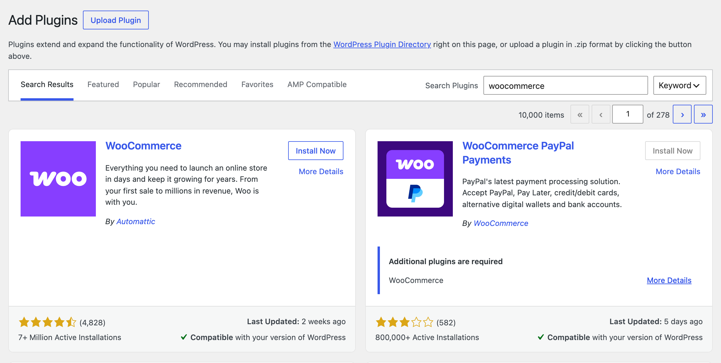 Plugins > Add Plugin with woocommerce typed into Search Plugins, and the WooCommerce card by Automattic first in the results with its Install Now button