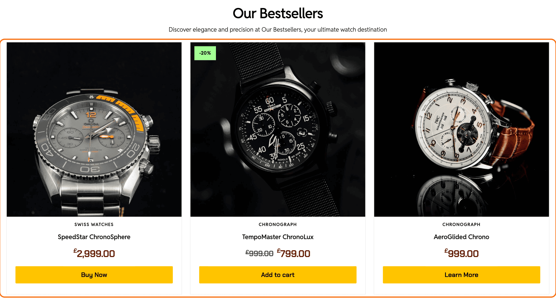 A Foxiz - Grid Products block on the Chronograph demo's shop page, outlined in orange, under the Our Bestsellers heading: three watches, each with its category, name and price, a -20% badge and the old price struck through on the one on sale, and a button under each card: Buy Now, Add to cart and Learn More