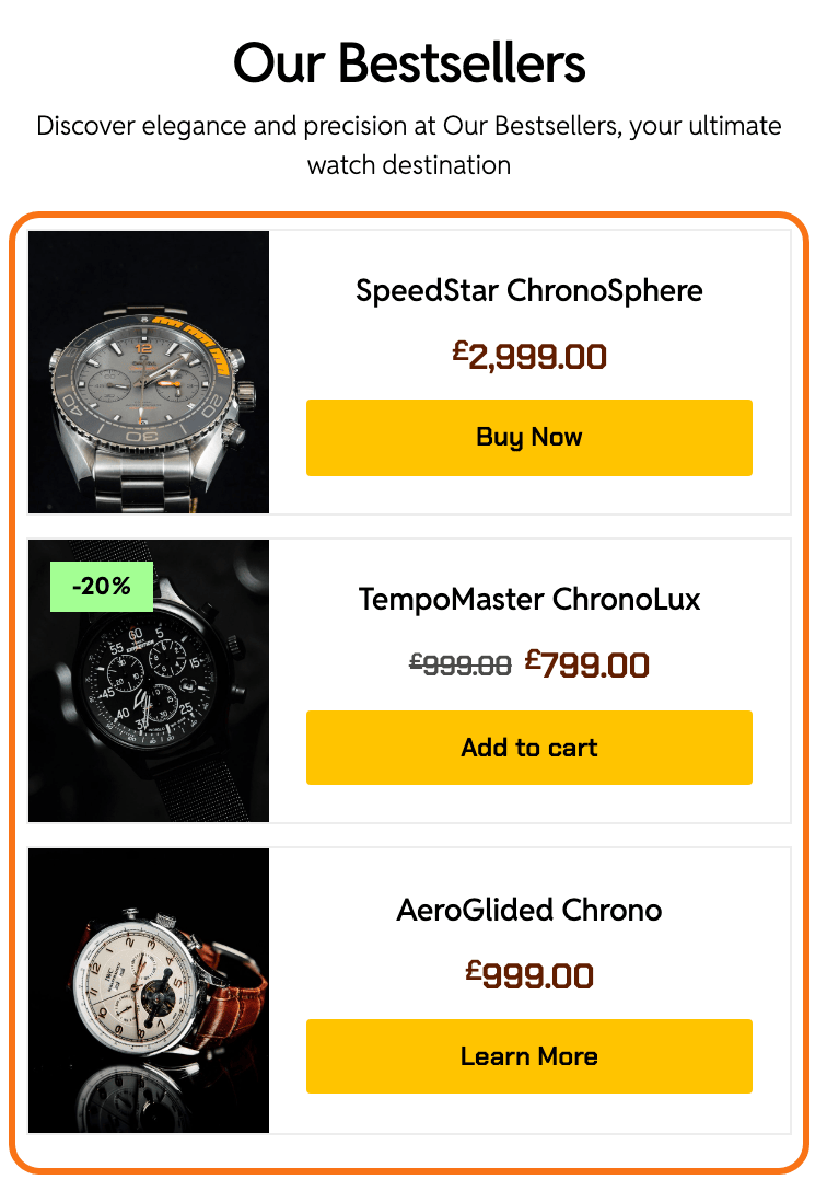 The Chronograph demo's bestsellers on a phone in the List layout, outlined in orange: each watch's picture beside its name and price