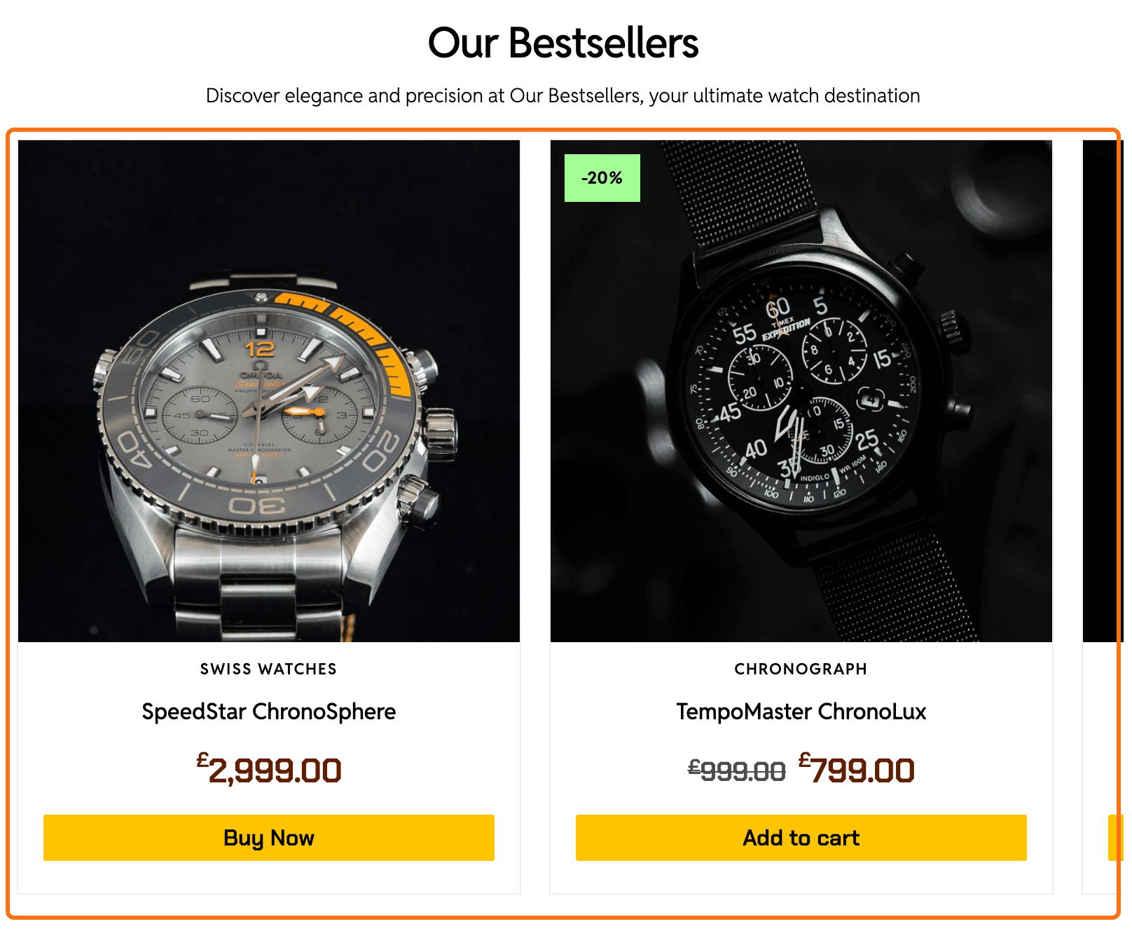 The same row on a tablet with Horizontal Scroll on, outlined in orange: the watches in one sideways row, the next one cut off at the right edge