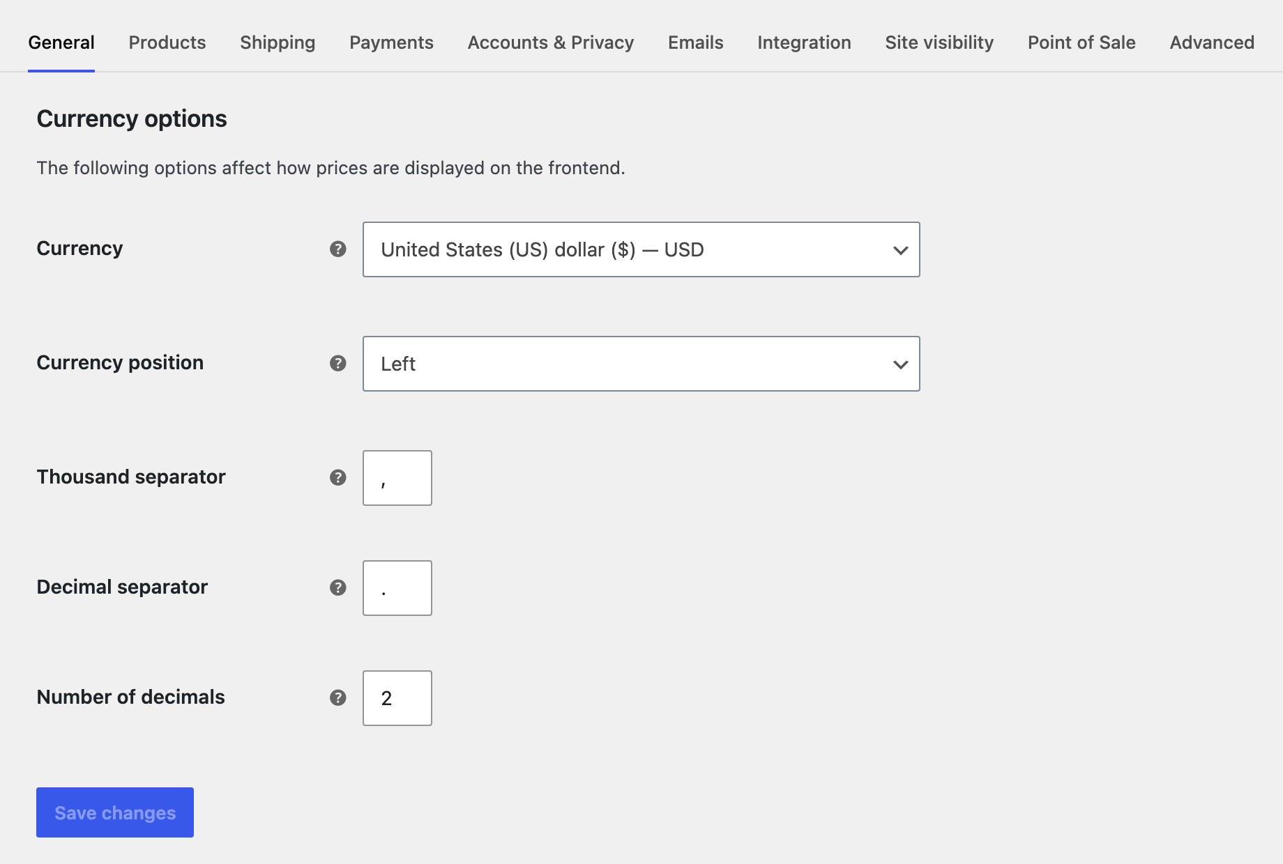 WooCommerce > Settings with the General tab open at Currency options: Currency (United States (US) dollar), Currency position (Left), Thousand separator, Decimal separator, Number of decimals (2) and Save changes