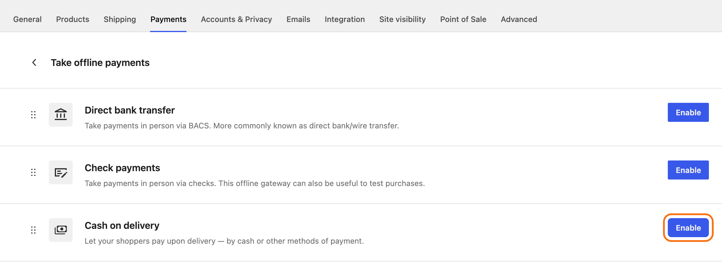 The Take offline payments screen: Direct bank transfer, Check payments and Cash on delivery, each with an Enable button, the one for Cash on delivery outlined in orange