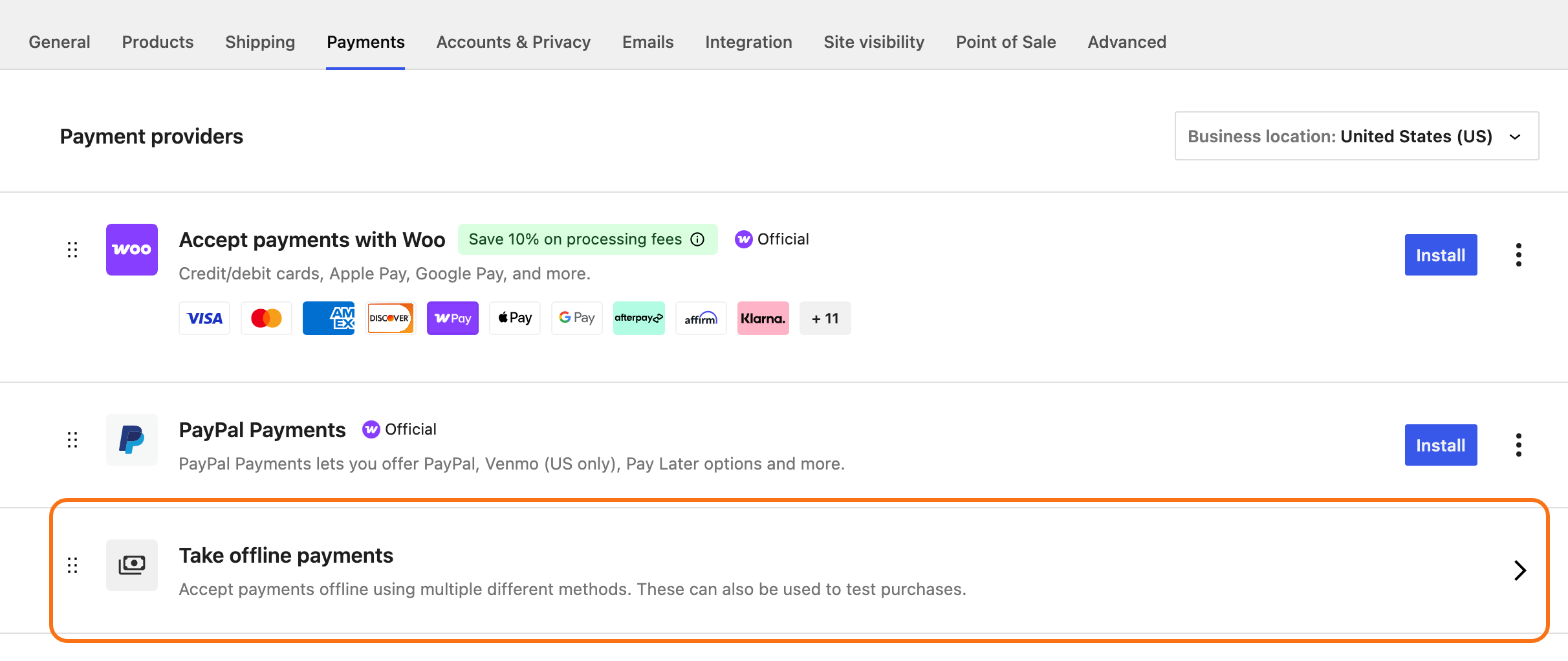 WooCommerce > Settings > Payments: the payment providers, and below them the Take offline payments group, outlined in orange