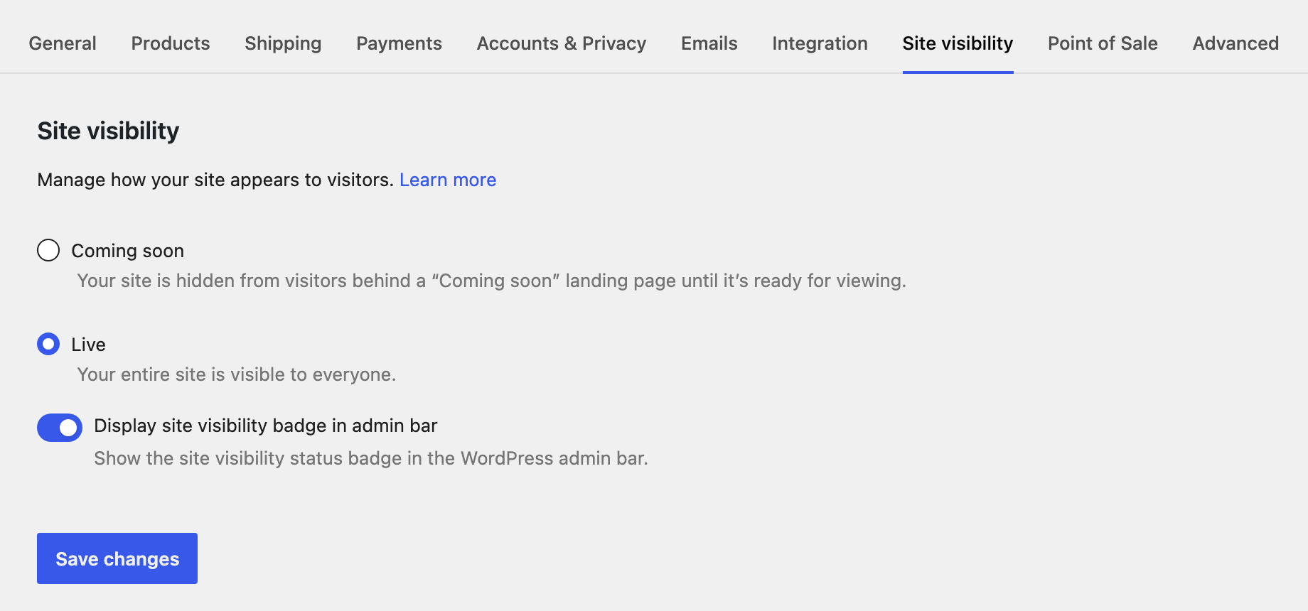 WooCommerce > Settings > Site visibility with Live selected and Save changes ready to click