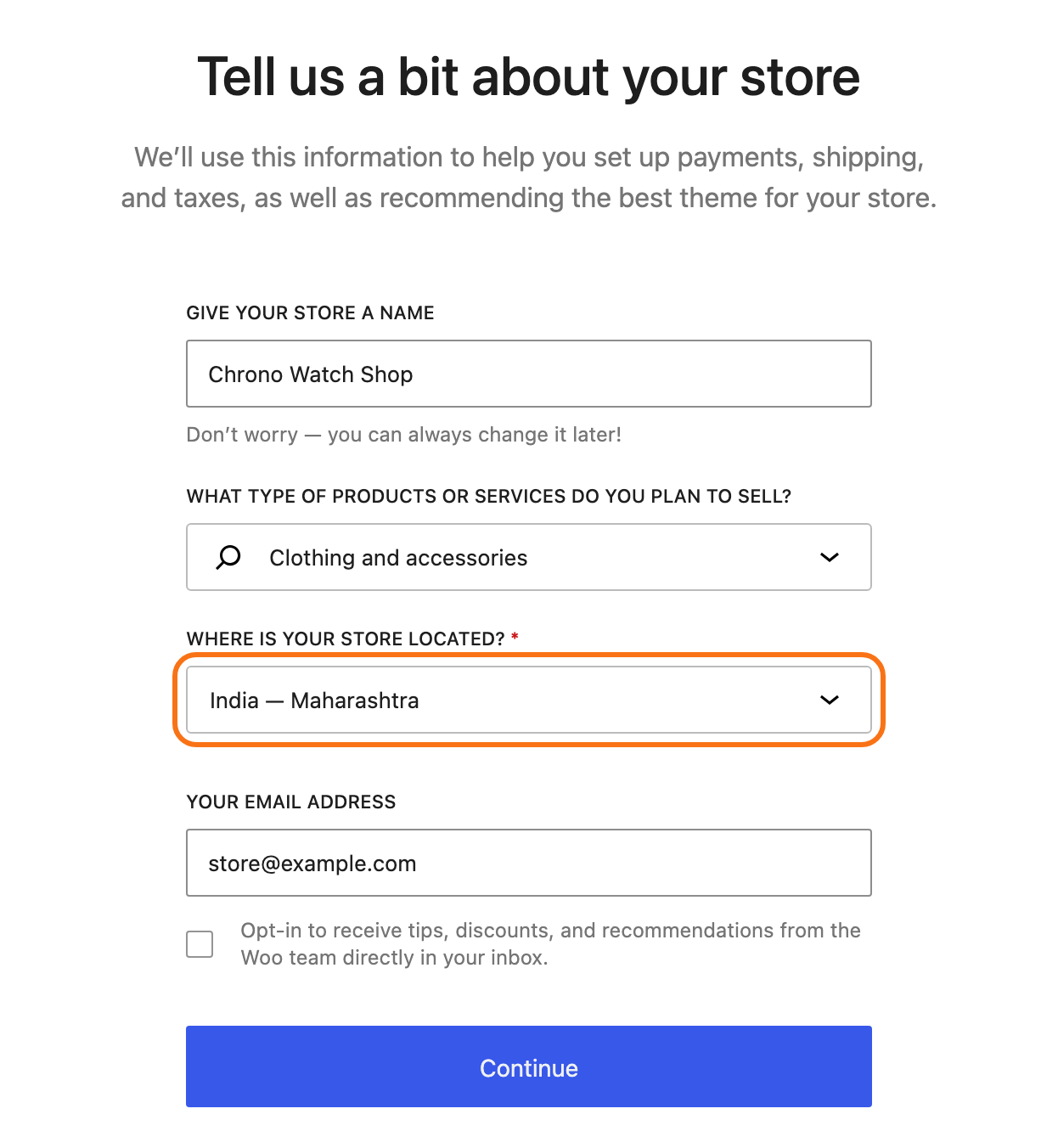 The WooCommerce setup wizard screen Tell us a bit about your store, filled in: store name Chrono Watch Shop, industry Clothing and accessories, Where is your store located? on India — Maharashtra, outlined in orange, an email address, and the Continue button