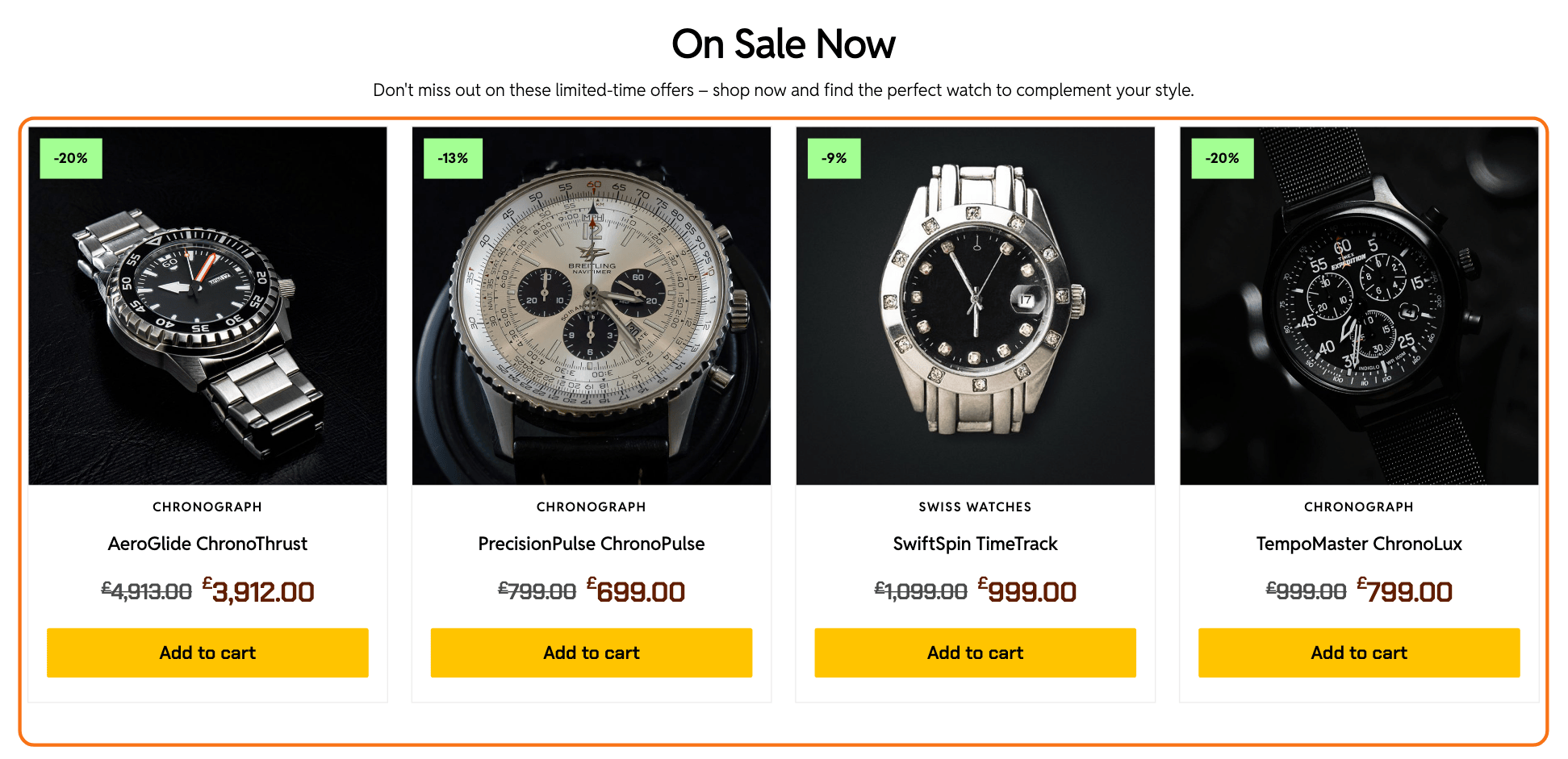 The On Sale Now row of the Chronograph demo's shop page, outlined in orange: four watches, each with a sale label and its old price struck through