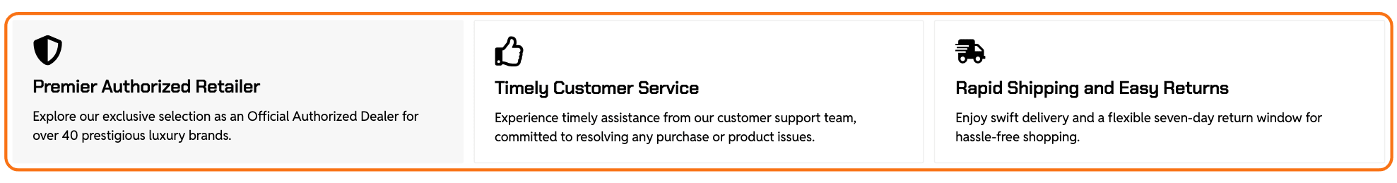 Three Icon Boxes side by side on the Chronograph demo's shop page, the row outlined in orange: Premier Authorized Retailer, Timely Customer Service and Rapid Shipping and Easy Returns, each with an icon and one line under its title