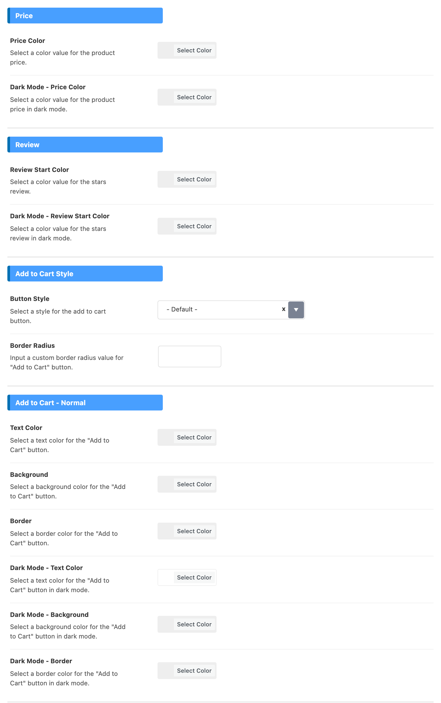 The Price, Review, Add to Cart Style and Add to Cart - Normal groups: Price Color, Dark Mode - Price Color, Review Start Color, Dark Mode - Review Start Color, Button Style on - Default -, an empty Border Radius box, and the six Add to Cart - Normal colour fields, every colour field empty with a Select Color button