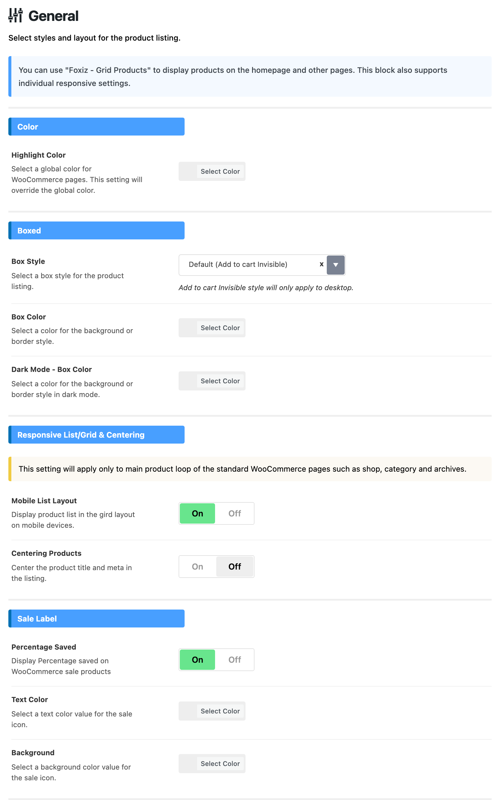 Theme Options > WooCommerce > General: the notice about the Foxiz - Grid Products block, then Highlight Color, Box Style on Default (Add to cart Invisible), Box Color, Dark Mode - Box Color, Mobile List Layout on, Centering Products off, Percentage Saved on, and the sale label Text Color and Background, every colour field empty with a Select Color button