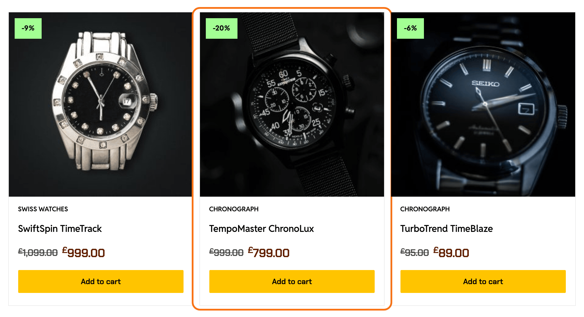 TempoMaster ChronoLux in the Chronograph demo shop between two other watches, its card outlined in orange: the -20% sale label on the image, the category CHRONOGRAPH, the name, £999.00 struck through beside £799.00, and the Add to cart button