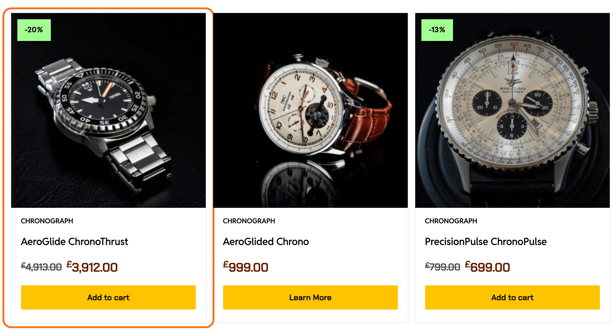 Three watches in the Chronograph demo shop, the first card outlined in orange: a -20% sale label on the image, the category CHRONOGRAPH, the name AeroGlide ChronoThrust, £4,913.00 struck through beside £3,912.00, and a yellow Add to cart button