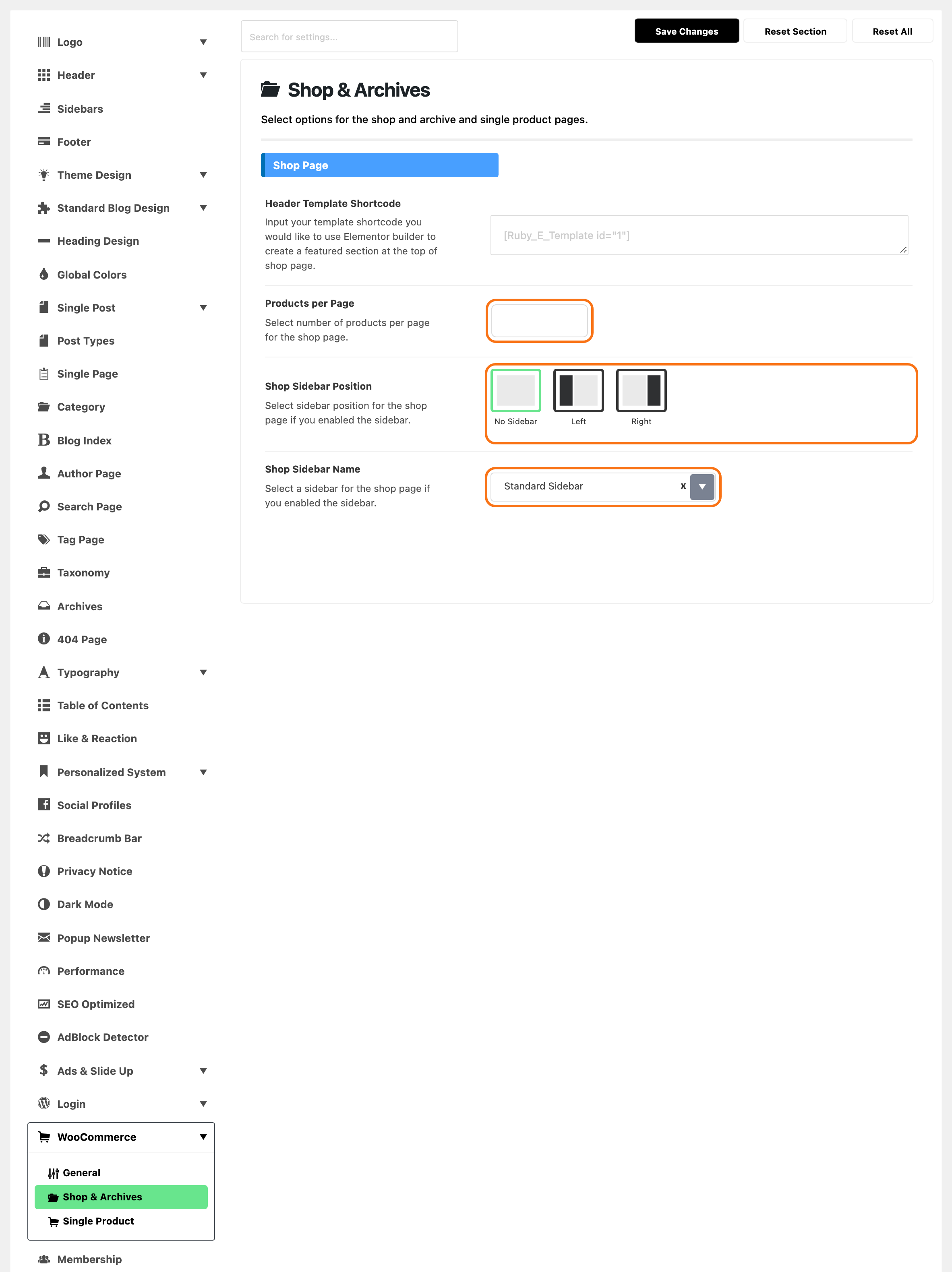 Theme Options with WooCommerce > Shop & Archives highlighted, beside the Shop Page group: Header Template Shortcode empty, and the three fields most shops change outlined in orange: Products per Page empty, Shop Sidebar Position on No Sidebar and Shop Sidebar Name on Standard Sidebar