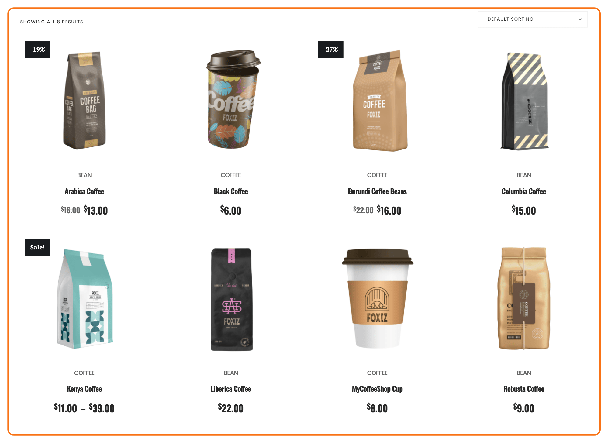 The Coffee demo shop page outlined in orange: Showing all 8 results and Default sorting above a grid of eight products, four to a row, each with its category, name and price, and sale labels reading -19%, -27% and Sale! on three of the images