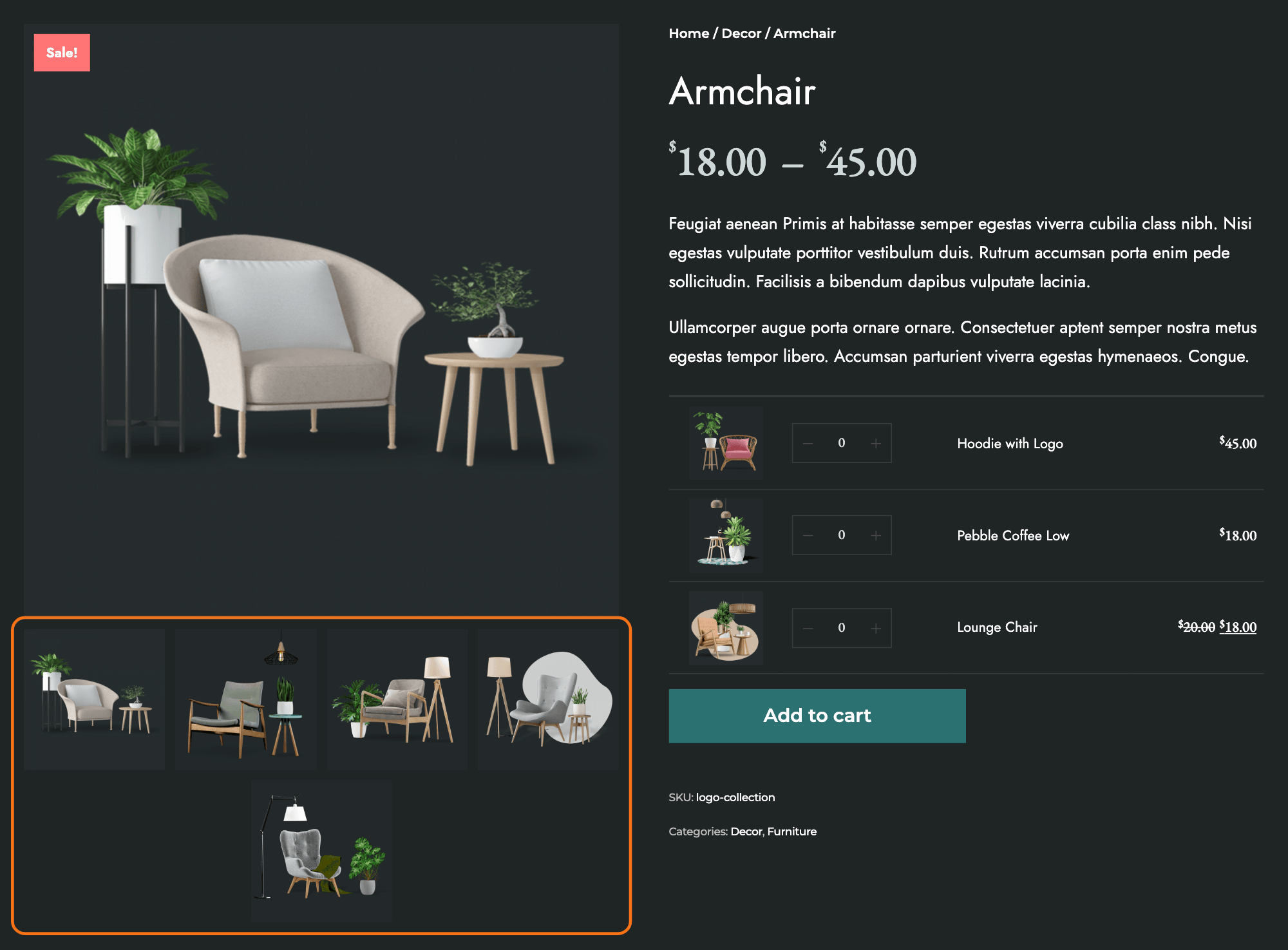 The Armchair grouped product on the Living demo, with the gallery thumbnails under the featured image outlined in orange: four to a row and a fifth below. Beside them, the three products in the group, each with its own image, a quantity box and a price, above the Add to cart button