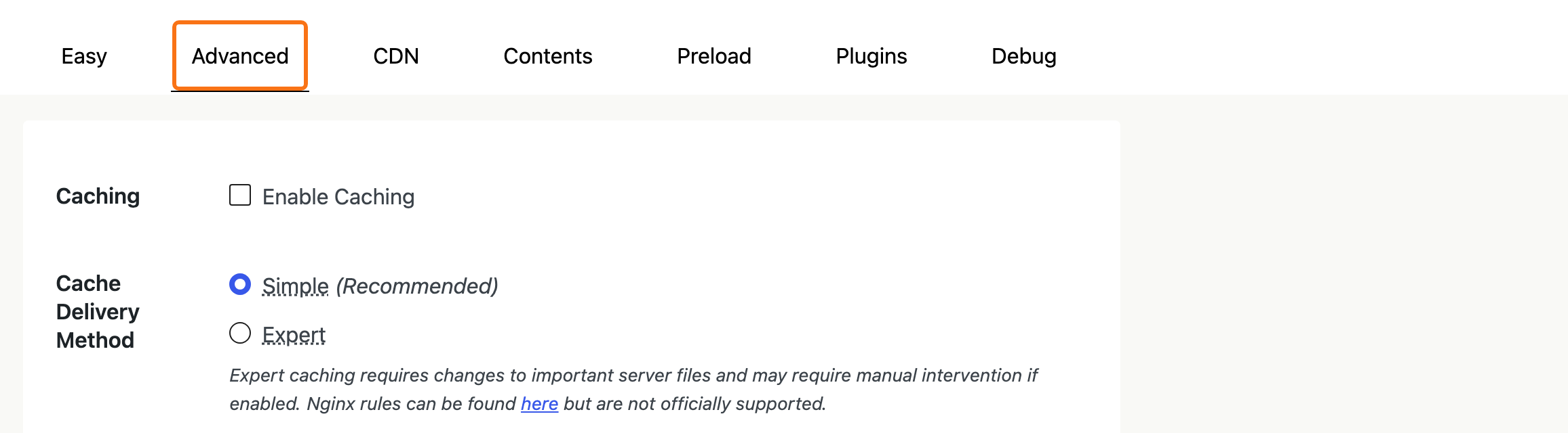 The top of Settings > WP Super Cache: the tab row Easy, Advanced, CDN, Contents, Preload, Plugins, Debug with Advanced selected and outlined in orange, and the start of the Advanced settings below.
