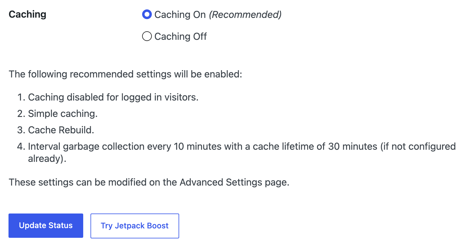 The Easy tab of Settings > WP Super Cache with Caching On (Recommended) selected and the Update Status button