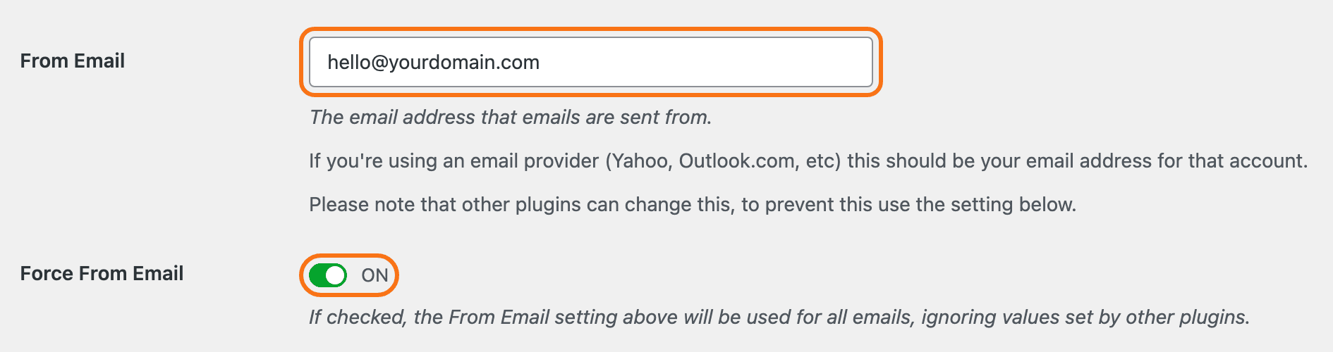 WP Mail SMTP Settings, General tab: From Email holding hello@yourdomain.com and Force From Email switched on, both outlined in orange