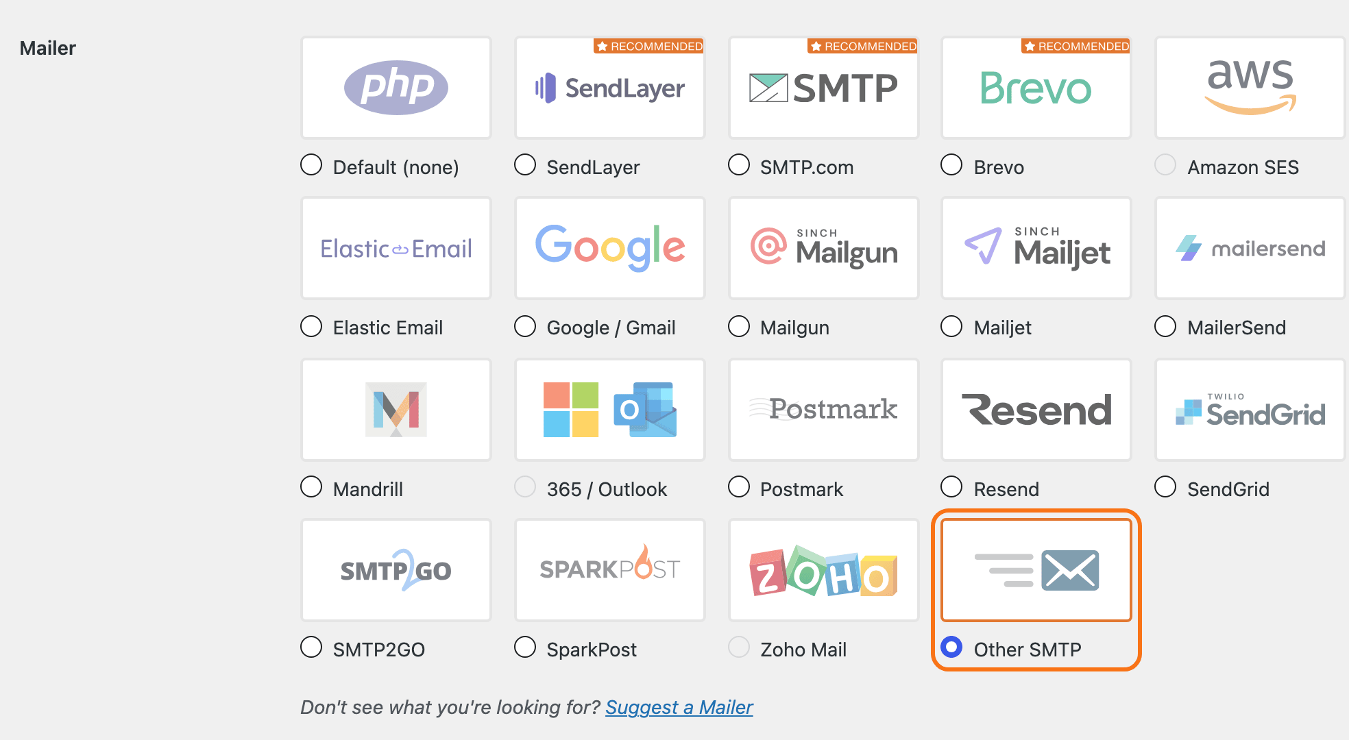 WP Mail SMTP Settings, Mailer: the grid of mail services with Other SMTP selected and outlined in orange, last in the grid