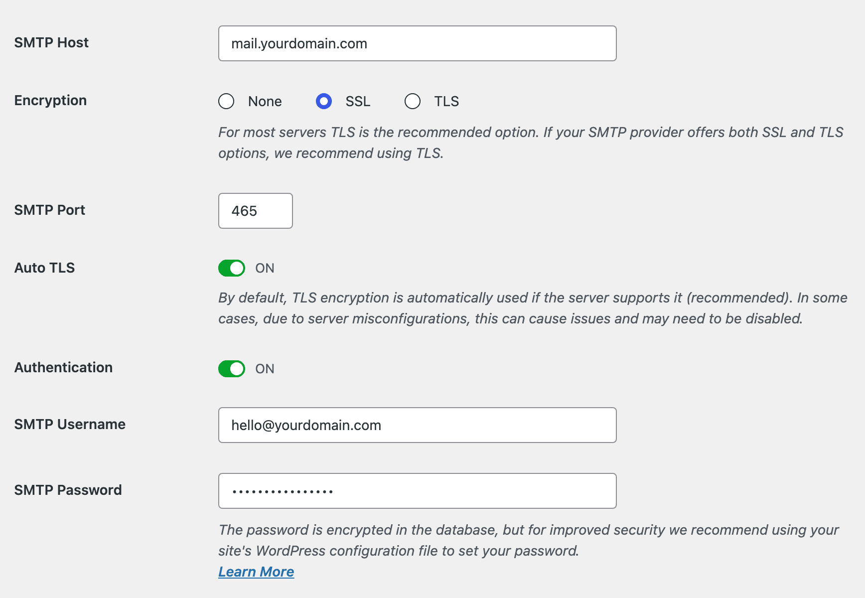 WP Mail SMTP Other SMTP settings filled in for a host mailbox: SMTP Host mail.yourdomain.com, Encryption SSL, SMTP Port 465, Authentication on, SMTP Username hello@yourdomain.com and an SMTP Password