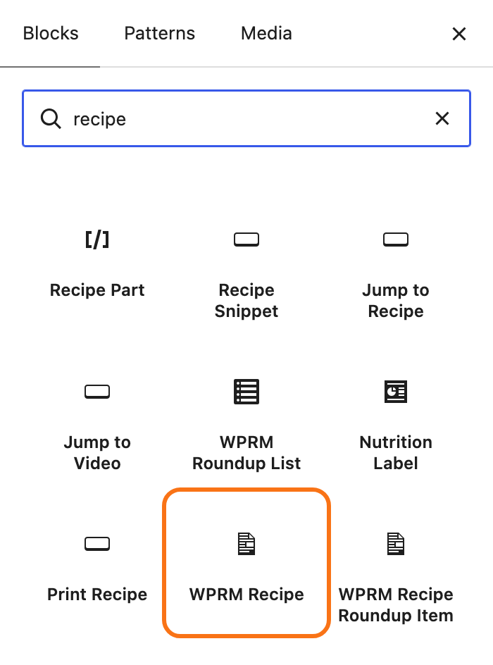 The block inserter with recipe typed in its search box and the WP Recipe Maker blocks in the results, WPRM Recipe among them