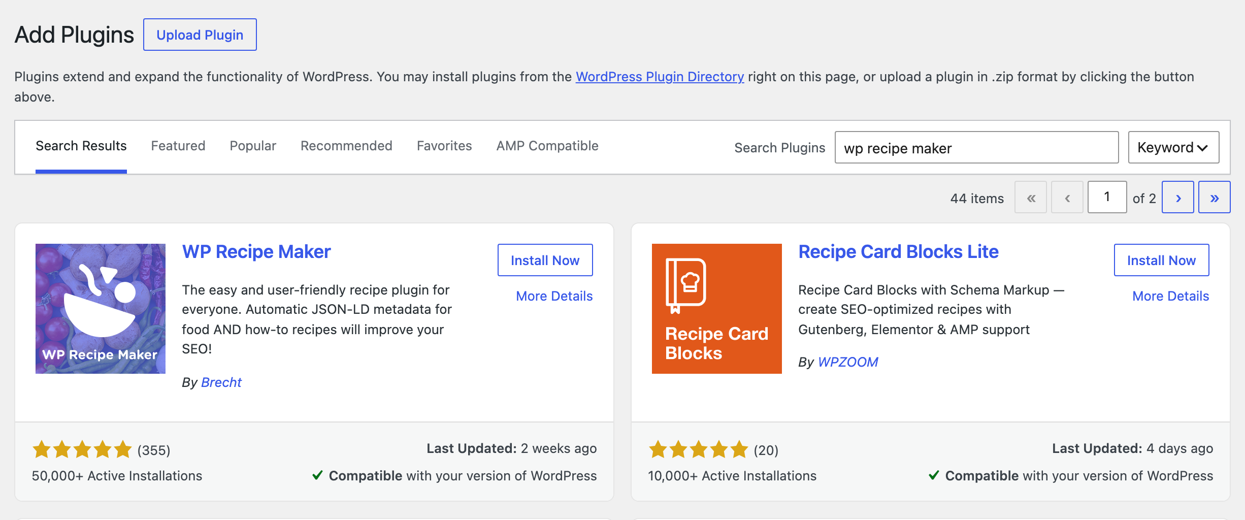 Plugins > Add Plugin with wp recipe maker typed into Search Plugins, and the WP Recipe Maker card with its Install Now button