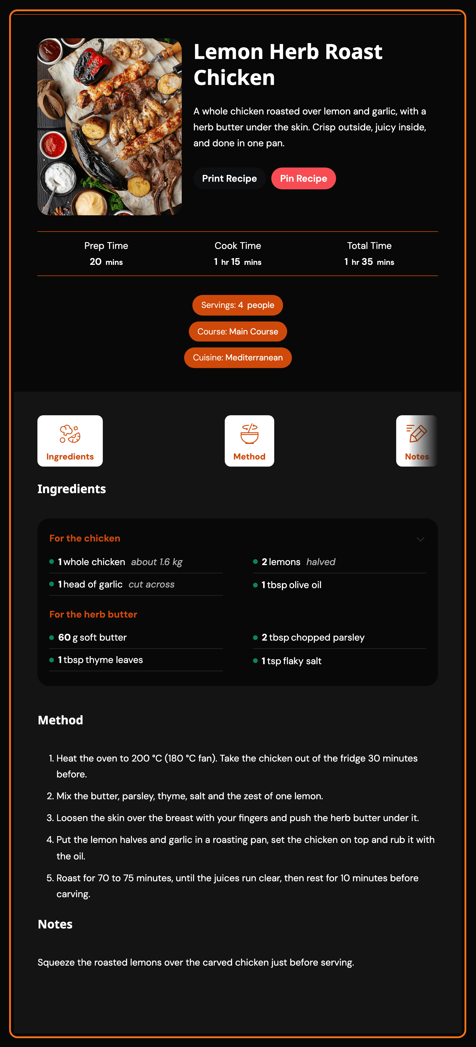 The same Lemon Herb Roast Chicken recipe card with the site in dark mode: a black card with white headings and text, orange time lines and pills, and the ingredients in a dark box, and a red Pin Recipe button