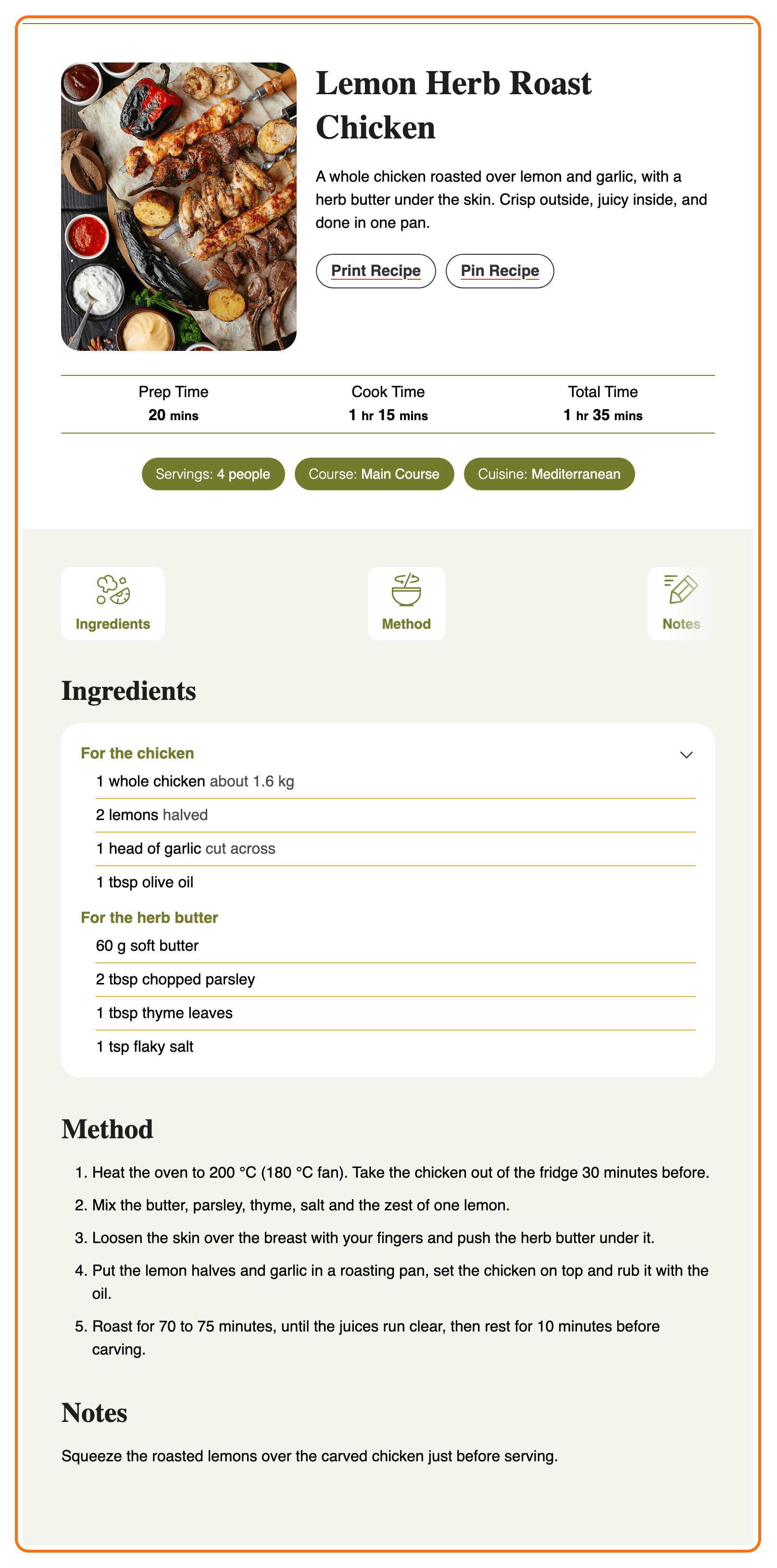 The same recipe card with Load Styles off, drawn with WP Recipe Maker's own Meadow styles: serif headings, outlined Print Recipe and Pin Recipe buttons, olive green time lines, pills and group names, and the ingredients as a plain list