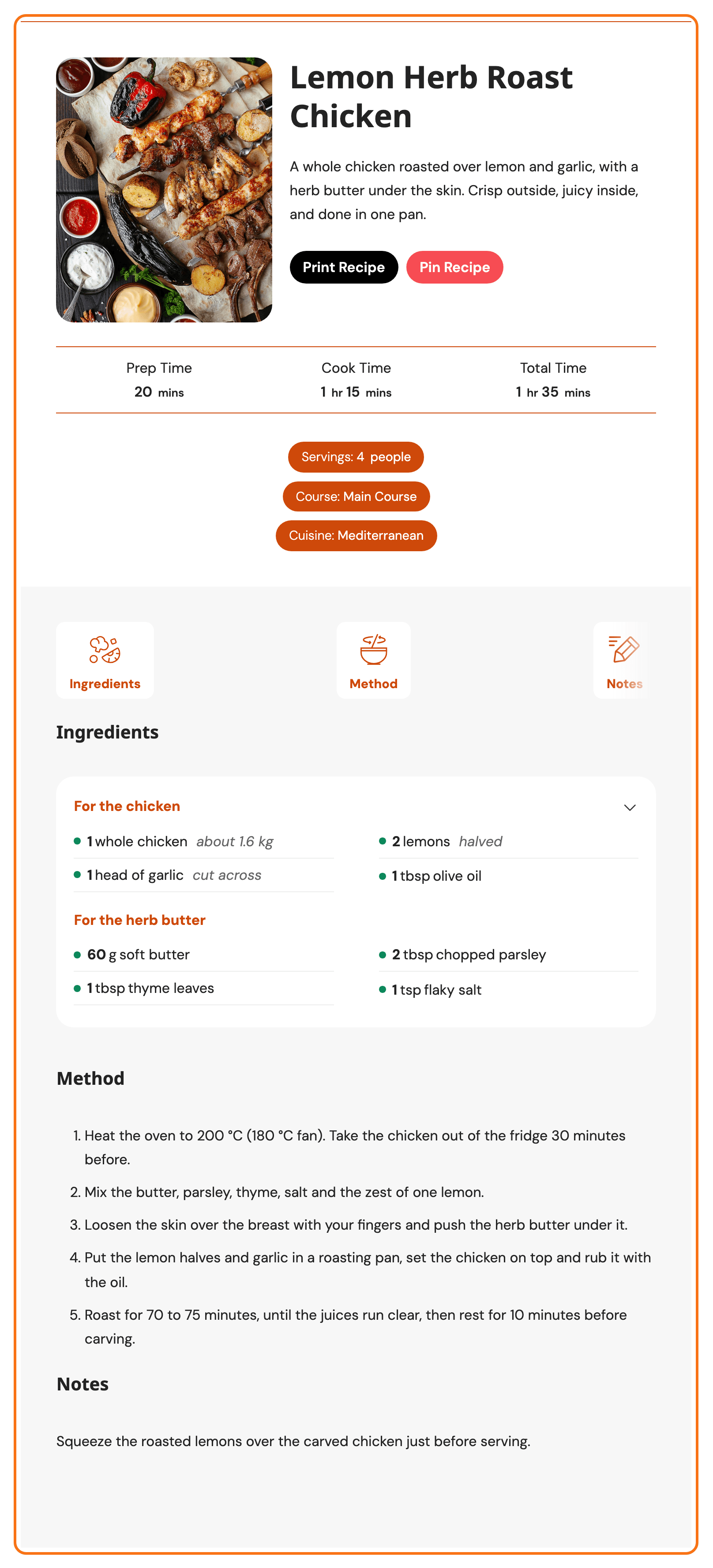 The Lemon Herb Roast Chicken recipe card in the Meadow template with Foxiz styles, outlined in orange: the photo, name, summary, a black Print Recipe button and a red Pin Recipe button, the prep, cook and total times, orange Servings, Course and Cuisine pills, then Ingredients in two groups, the five Method steps and Notes