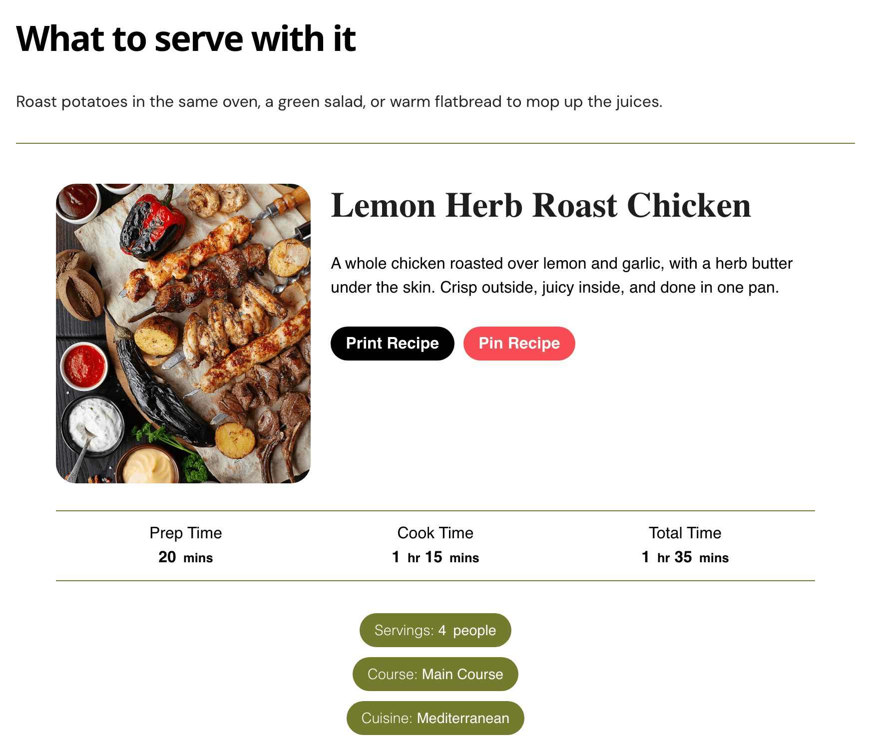 The post in the block editor: the last heading, What to serve with it, and below it the WPRM Recipe block showing the Lemon Herb Roast Chicken card with its photo, summary, the Print Recipe and Pin Recipe buttons, times and pills