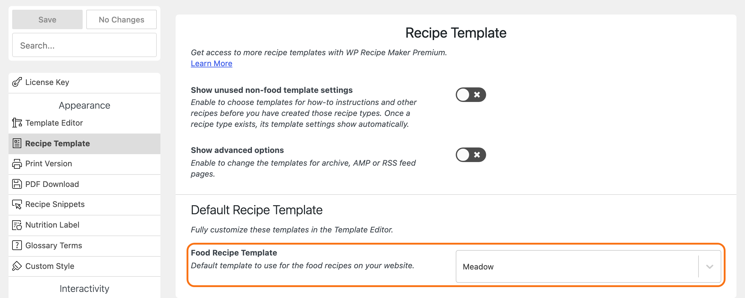 WP Recipe Maker > Settings on the Recipe Template group, with the Food Recipe Template dropdown on Meadow