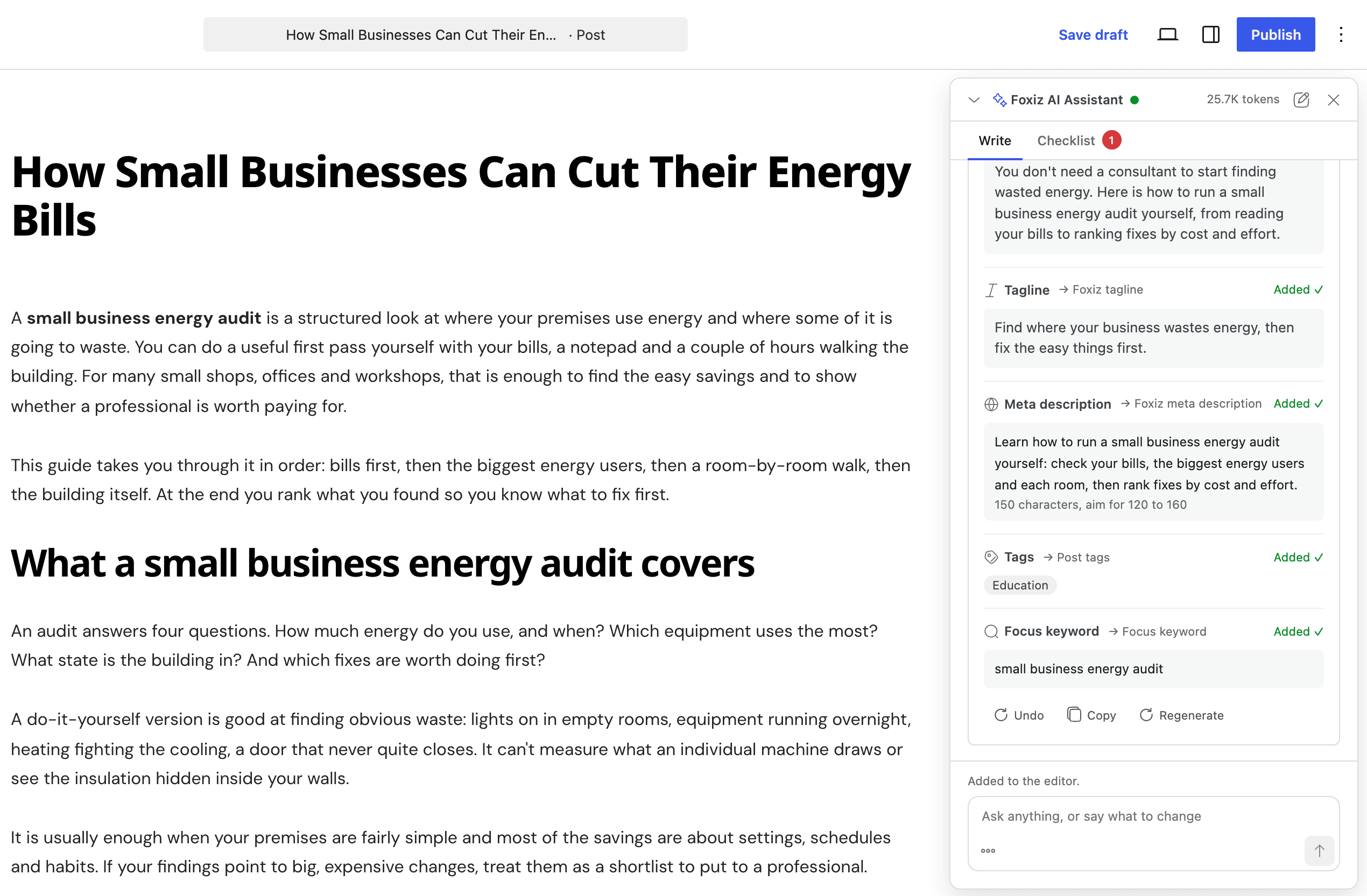 The post after Add all to editor: the written introduction and first heading in the editor, and the card marking Tagline, Meta description, Tags and Focus keyword as Added, with Undo, Copy and Regenerate