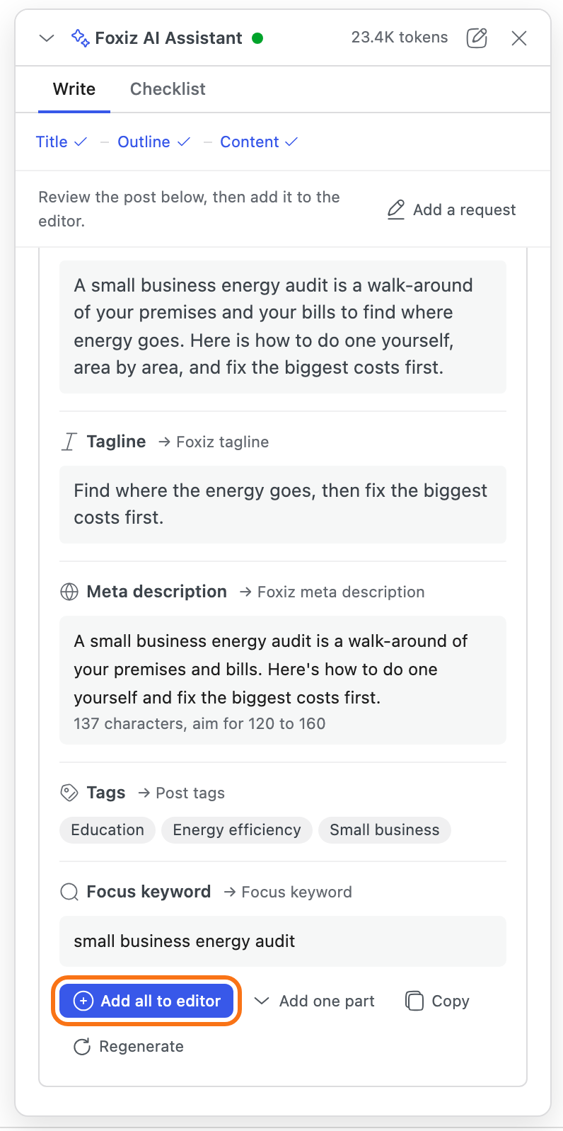 The assistant after Use this outline, before anything is added: the line Review the post below, then add it to the editor., and the end of the card with the Excerpt, Tagline, Meta description, Tags and Focus keyword parts, each naming its field, above Add all to editor (outlined), Add one part, Copy and Regenerate